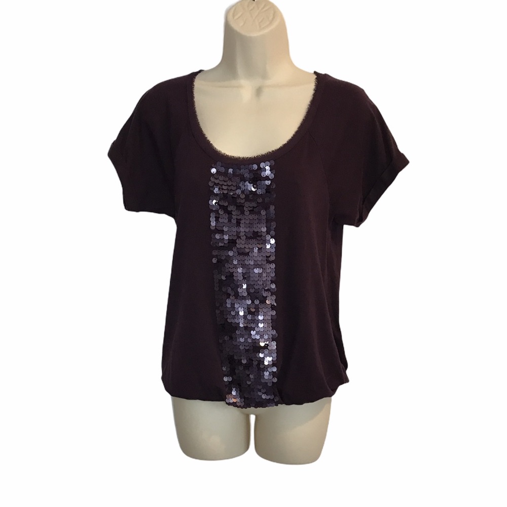 Ann Taylor LOFT Sequin Front T-Shirt Wine Purple S